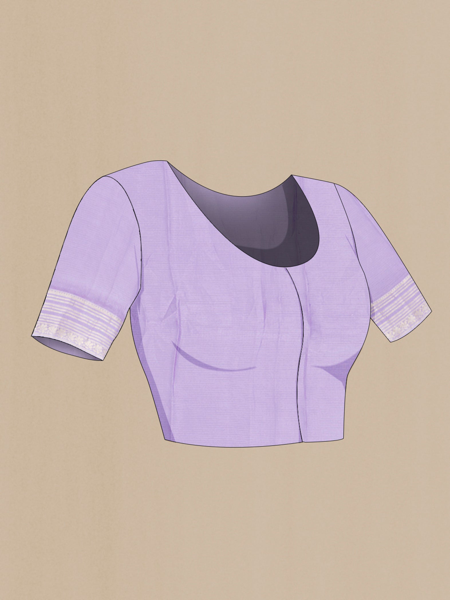 Close up image of the blouse of Lavender Art Silk Saree with Floral Print on the body and Silk Border. 