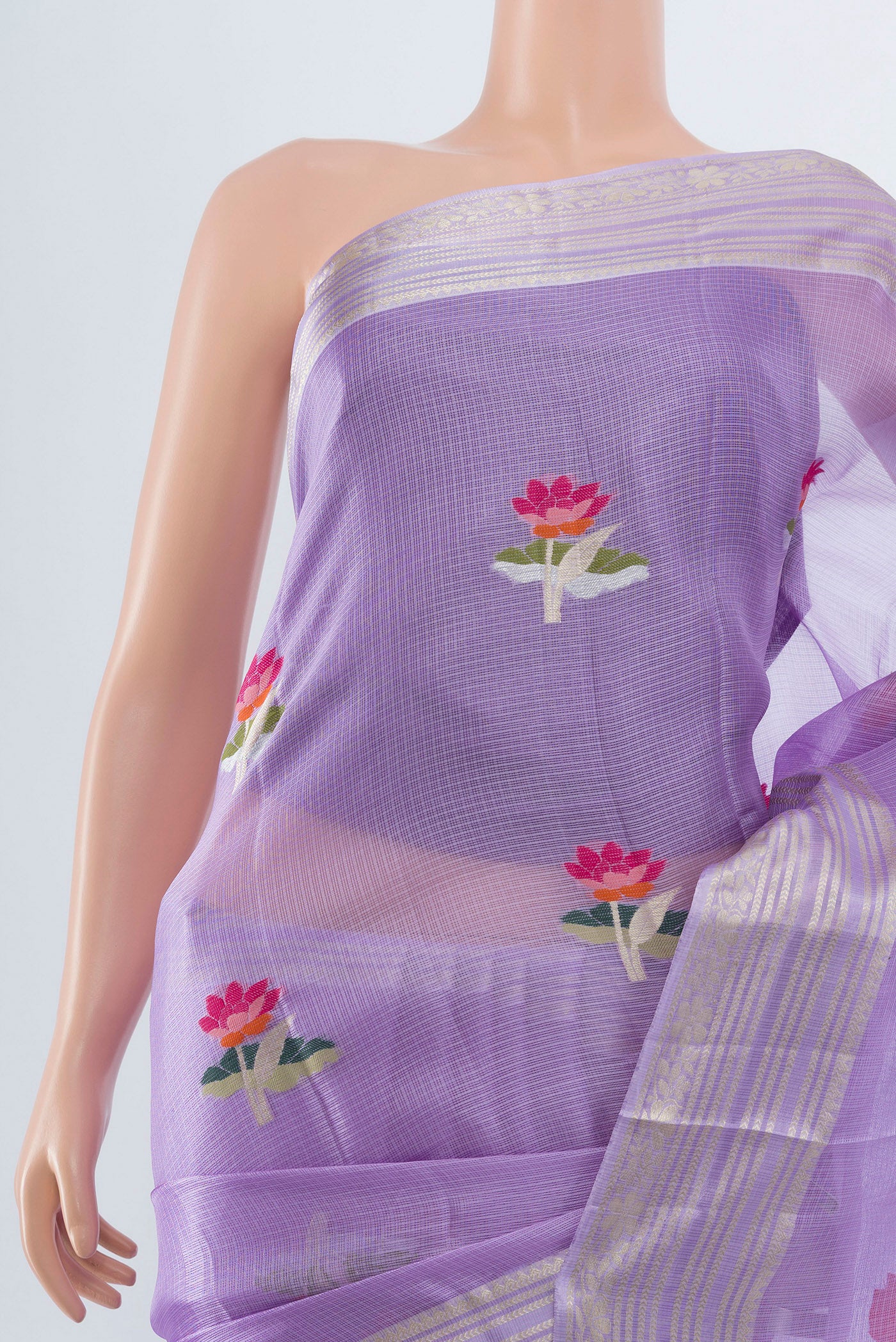 Border image of Lavender Art Silk Saree with Floral Print on the body and Silk Border. 
