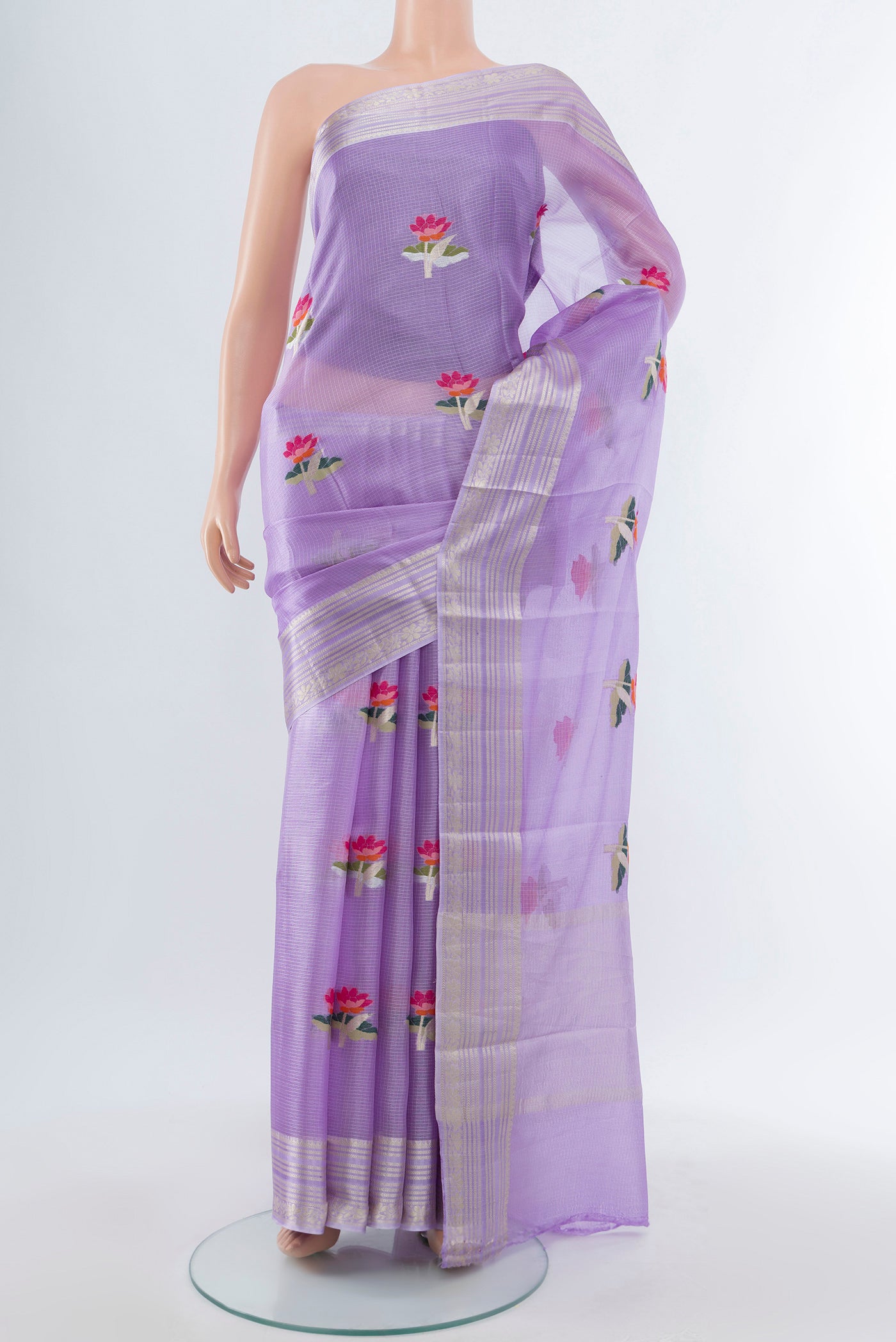 Lavender Art Silk Saree with Floral Print on the body and Silk Border.  displayed on a mannequin