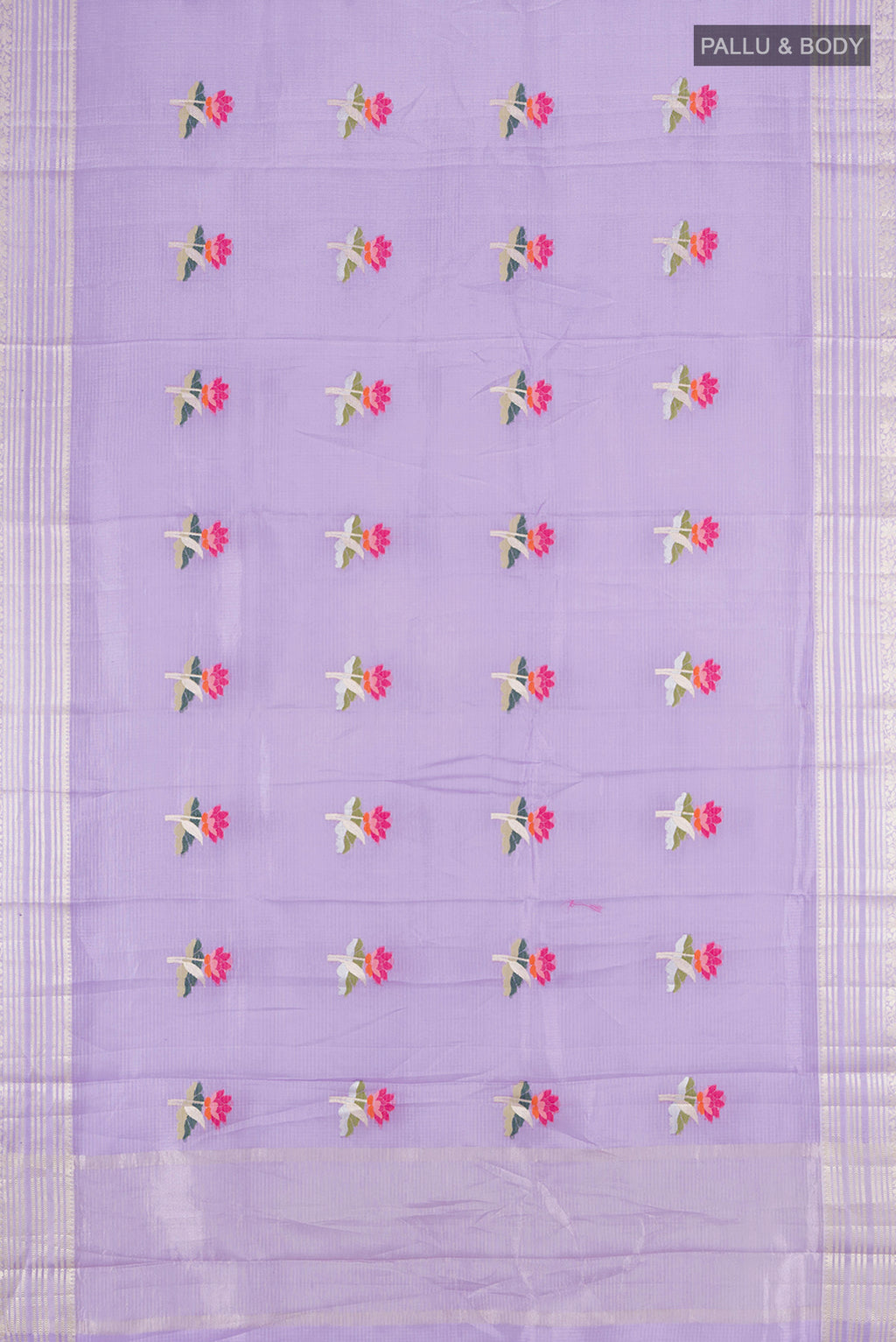 Flat view of Lavender Art Silk Saree with Floral Print on the body and Silk Border. 