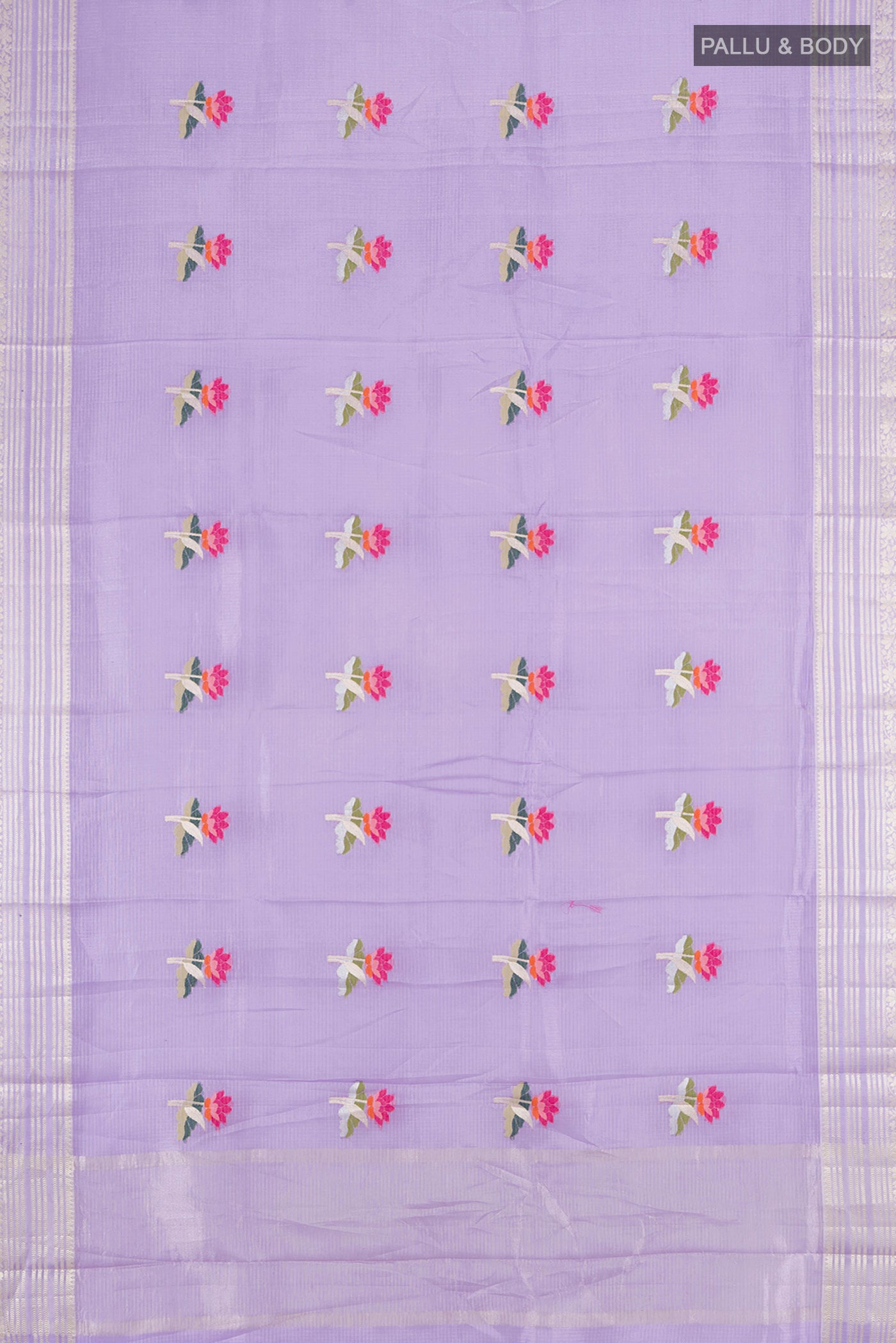 Flat view of Lavender Art Silk Saree with Floral Print on the body and Silk Border. 