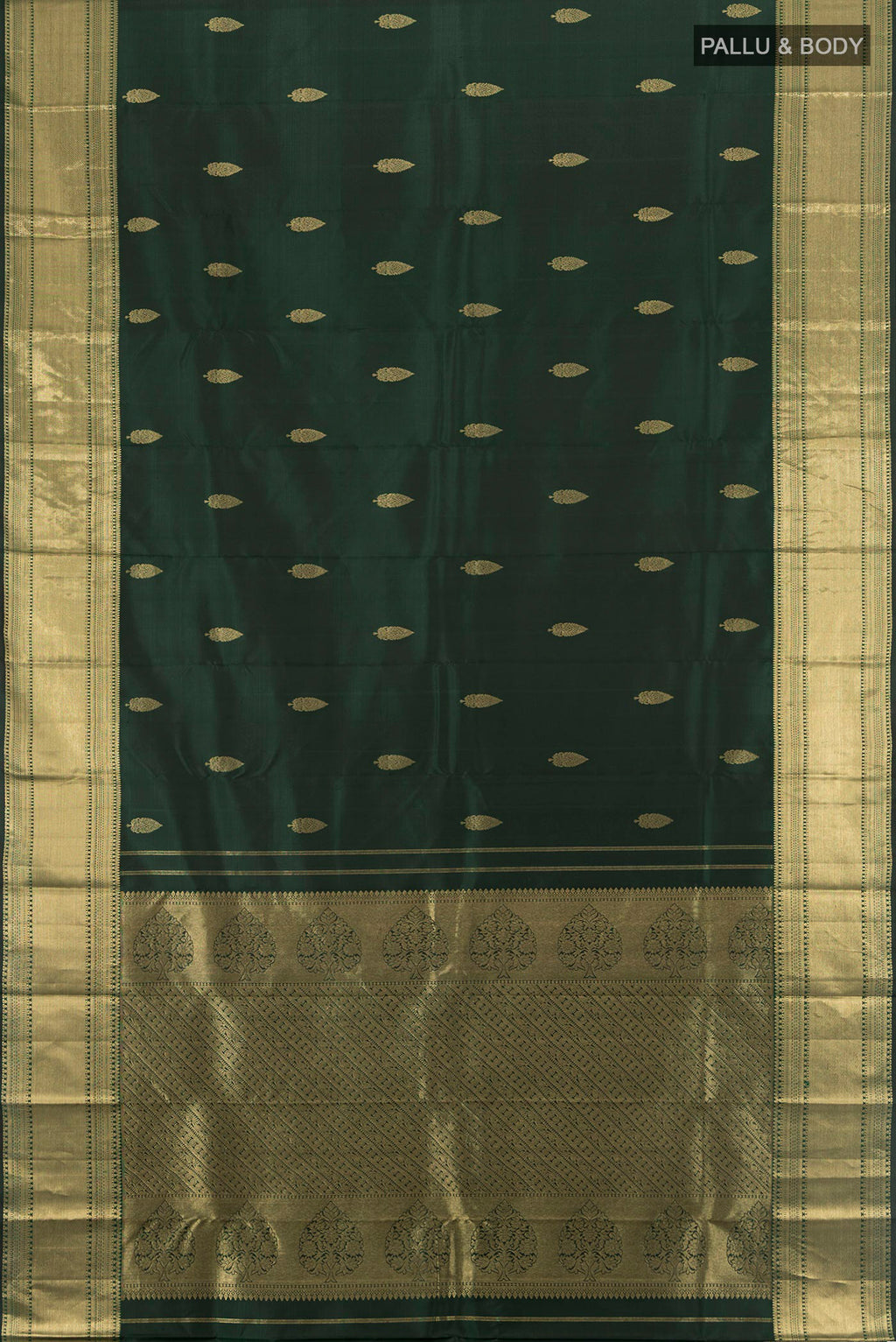 Flat view of Pure Silk Pure Zari Black Kanchipuram Saree with Zari Butta on the body and Silk Border. 