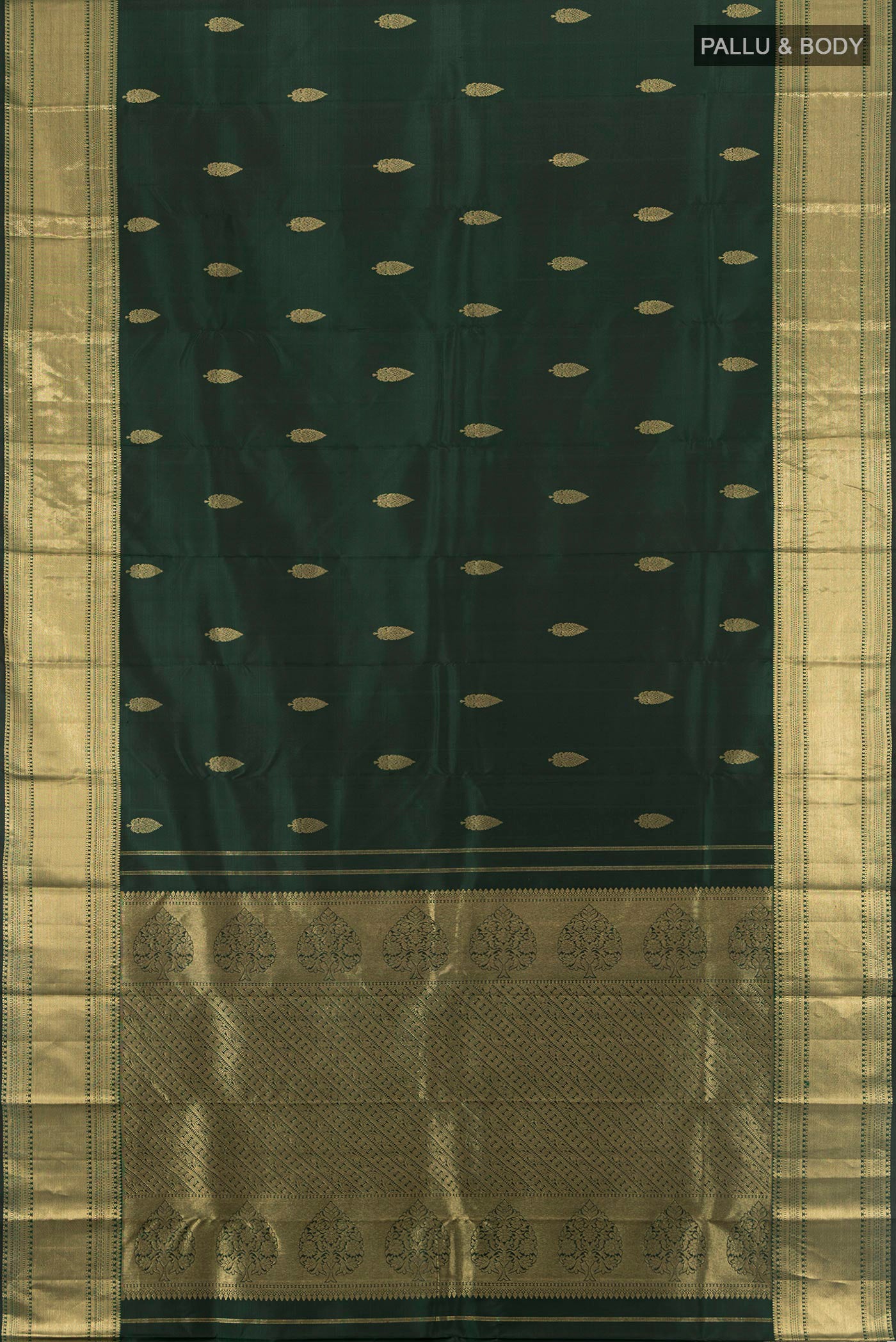 Flat view of Pure Silk Pure Zari Black Kanchipuram Saree with Zari Butta on the body and Silk Border. 