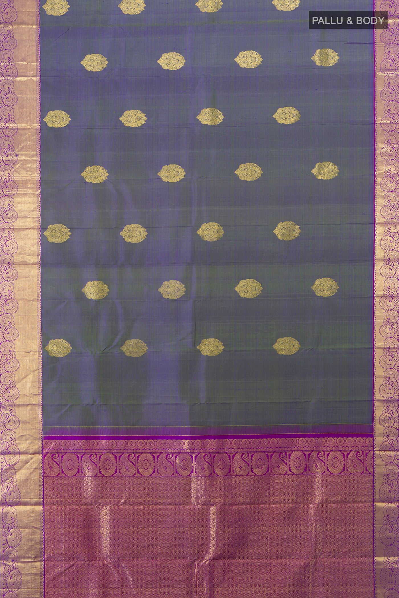 Flat view of Pure Silk Pure Zari Light Blue Kanchipuram Saree with Zari Butta on the body and Silk Border. 