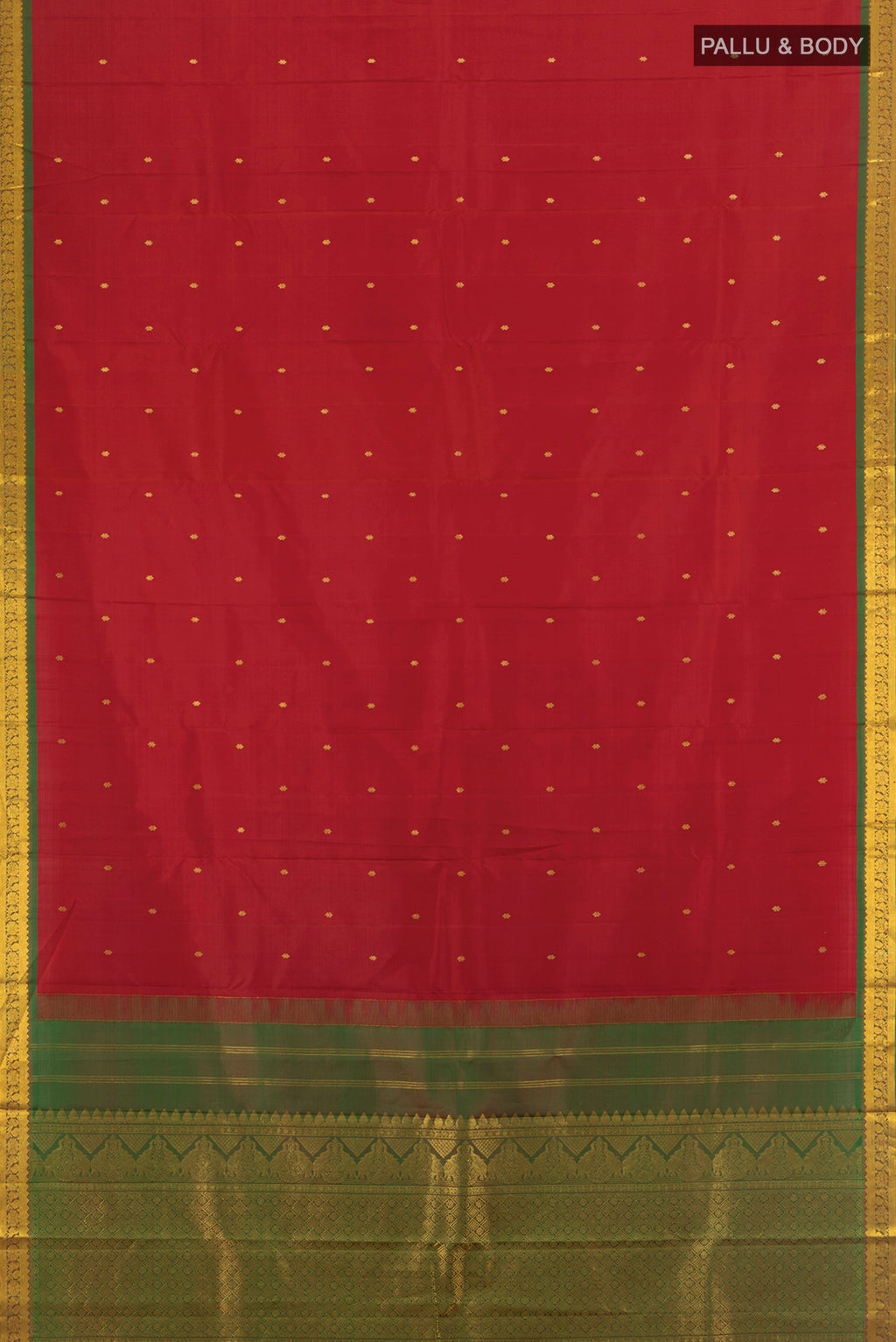 Flat view of Red Kanchipuram Silk Saree with Zari Butta on the body and Zari Border. 