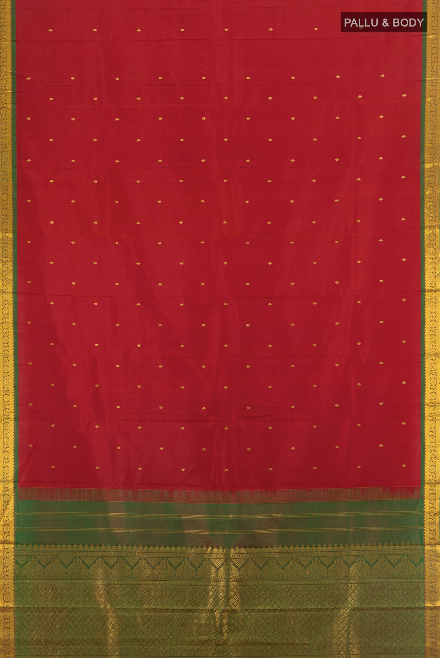 Flat view of Red Kanchipuram Silk Saree with Zari Butta on the body and Zari Border. 