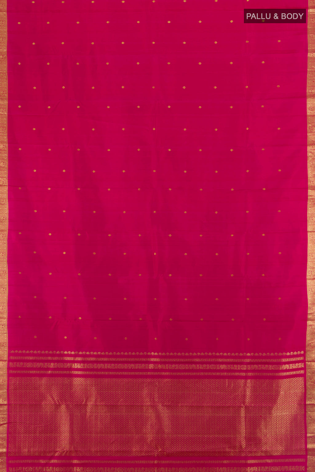 Flat view of Dark Pink Kanchipuram Silk Saree with Zari Butta on the body and Silk Border. 