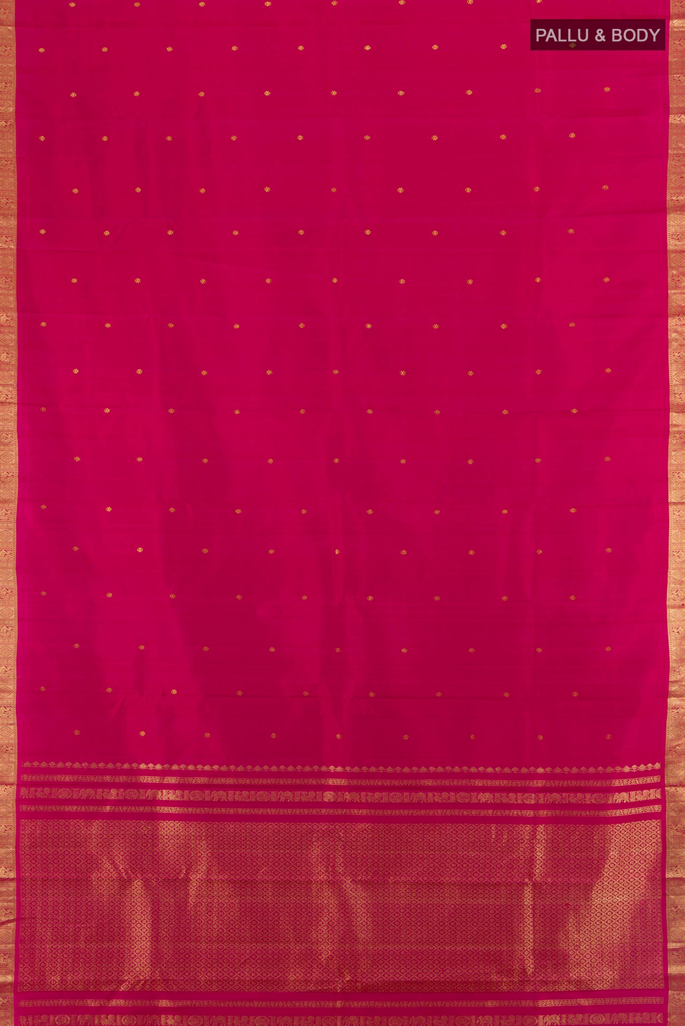 Flat view of Dark Pink Kanchipuram Silk Saree with Zari Butta on the body and Silk Border. 
