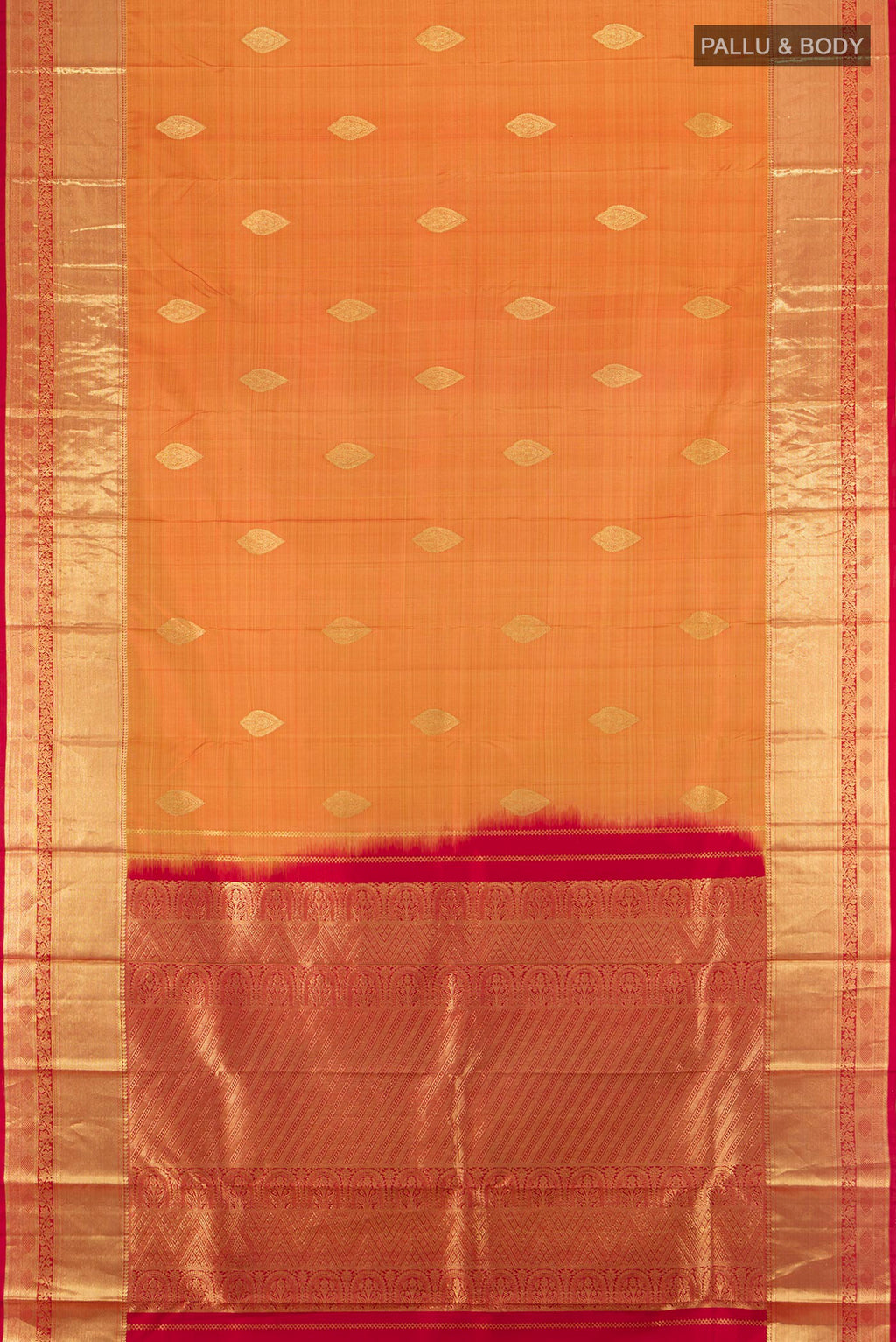 Flat view of Pure Silk Pure Zari Mustard Kanchipuram Saree with Zari Butta on the body and Silk Border. 