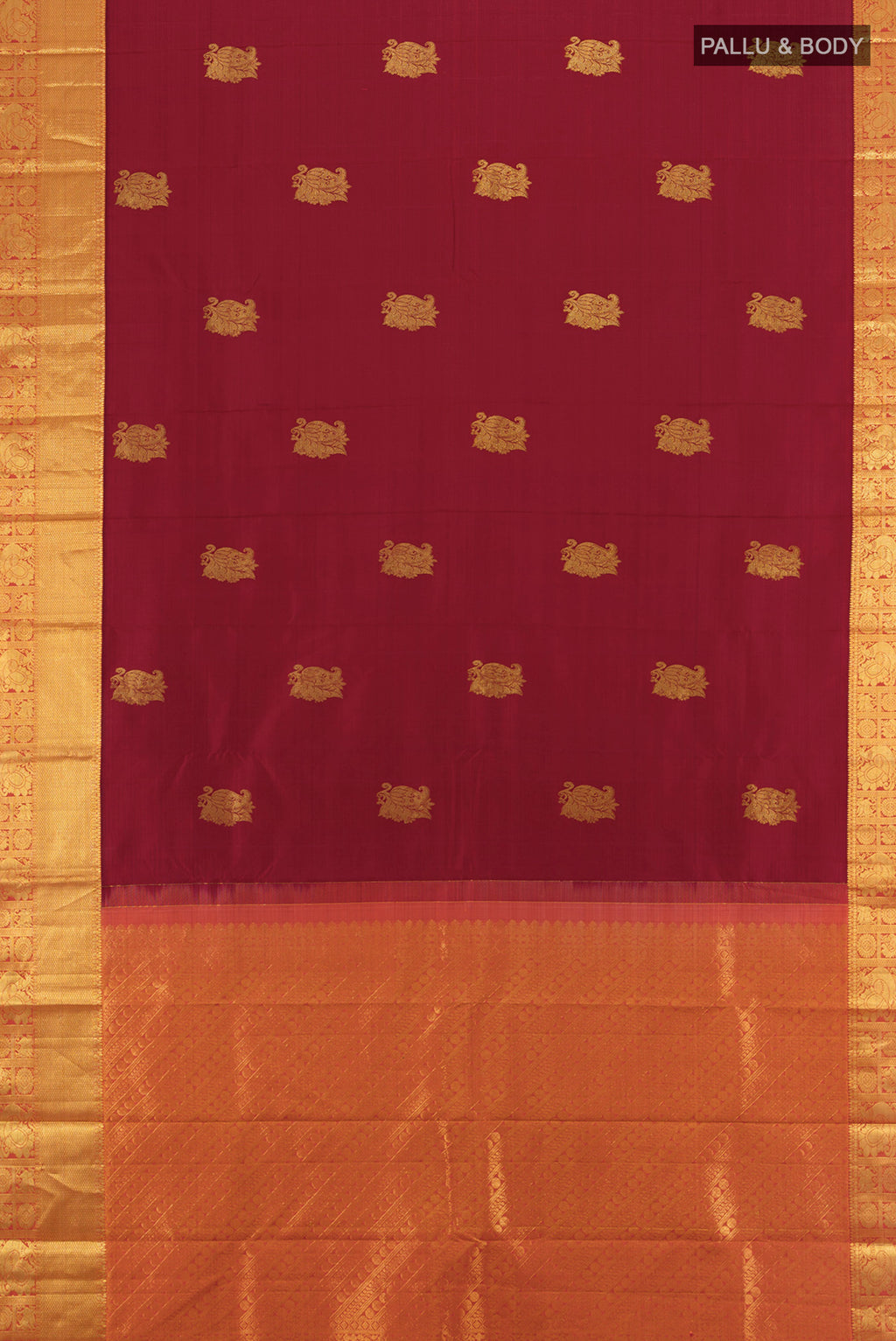 Flat view of Maroon Kanchipuram Silk Saree with Zari Butta on the body and Silk Border. 