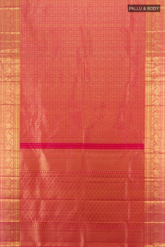 Flat view of Peach Kanjivaram Silk Saree with Zari Brocade on the body and Silk Border. 