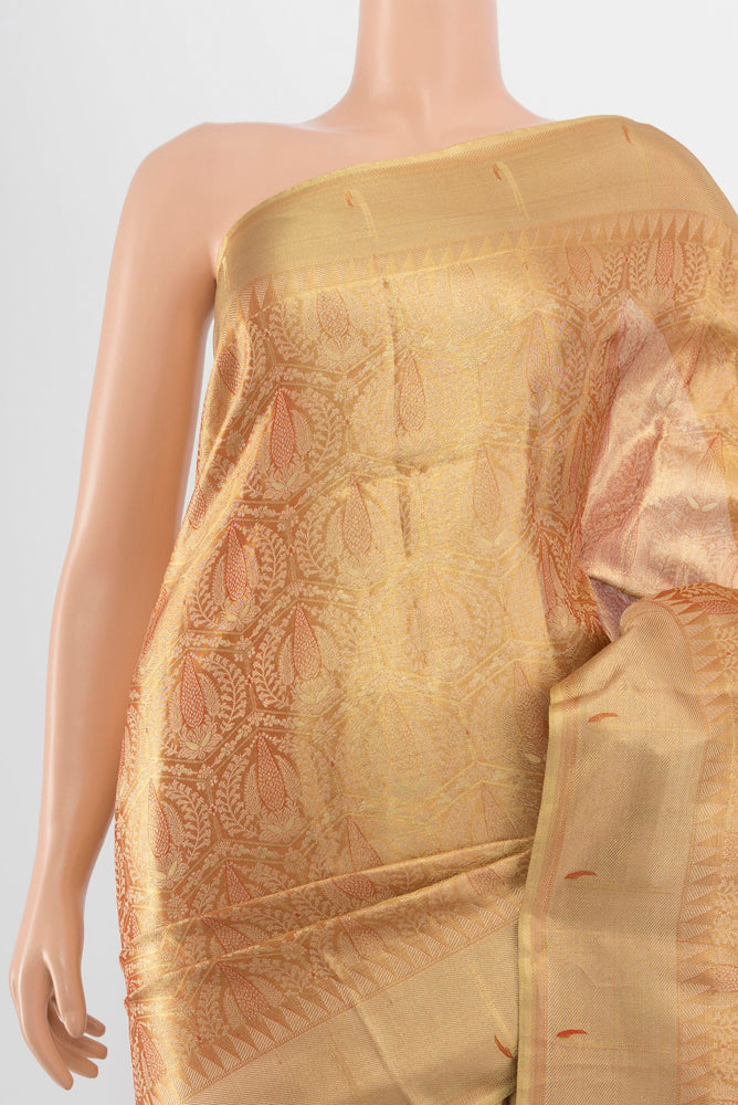 Border image of Golden Kanjivaram Silk Saree with Zari Butta on the body and Silk Border. 