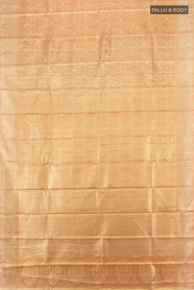 Flat view of Golden Kanjivaram Silk Saree with Zari Butta on the body and Silk Border. 