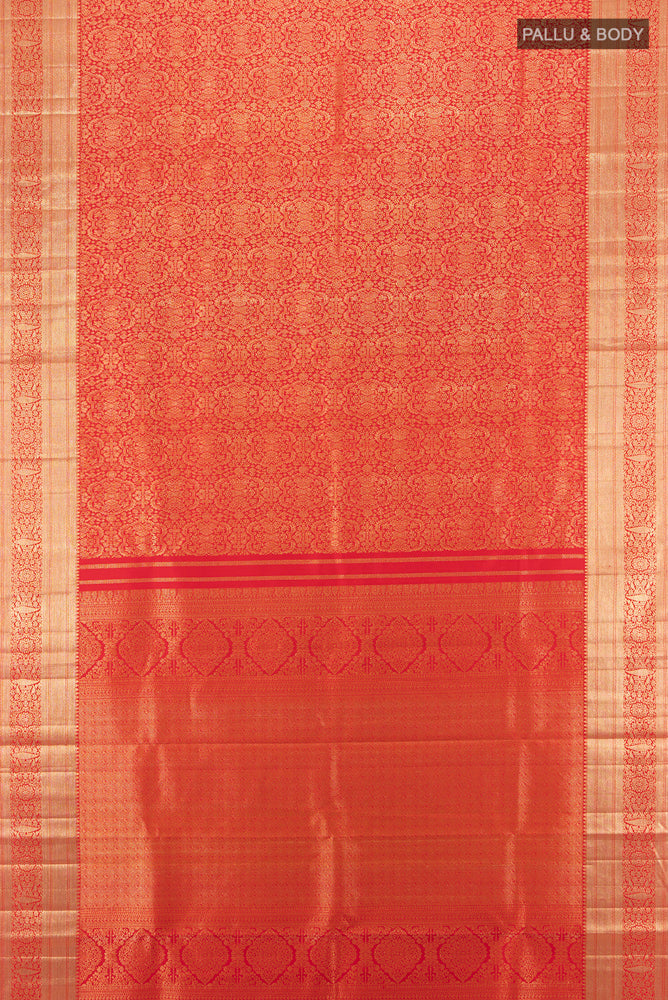 Flat view of Red Kanjivaram Silk Saree with Zari Butta on the body and Silk Border. 
