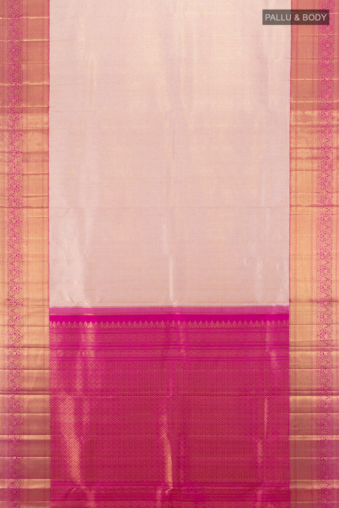 Flat view of Golden Peach Kanchipuram Silk Saree with Zari Brocade on the body and Silk Border. 