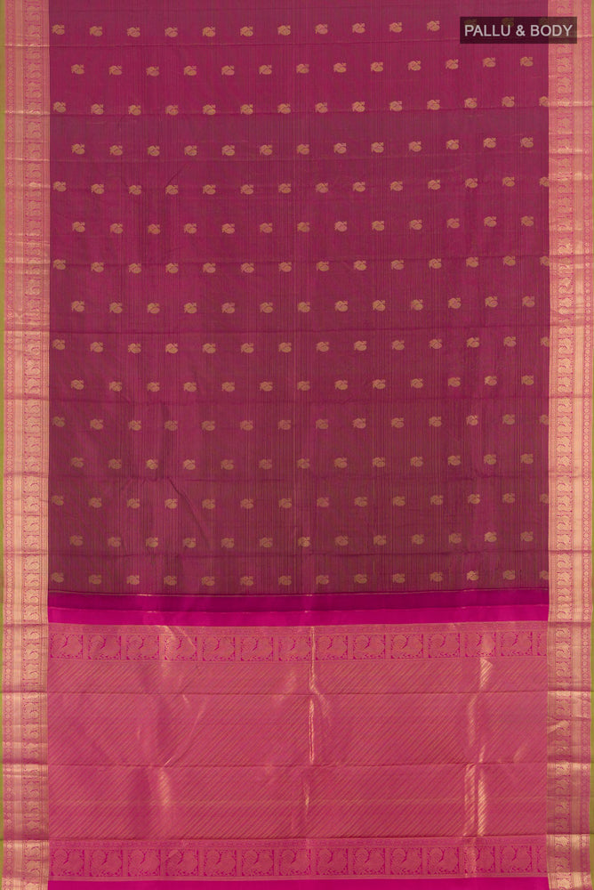 Flat view of Purple Kanchipuram Silk Saree with Zari Butta on the body and Silk Border. 