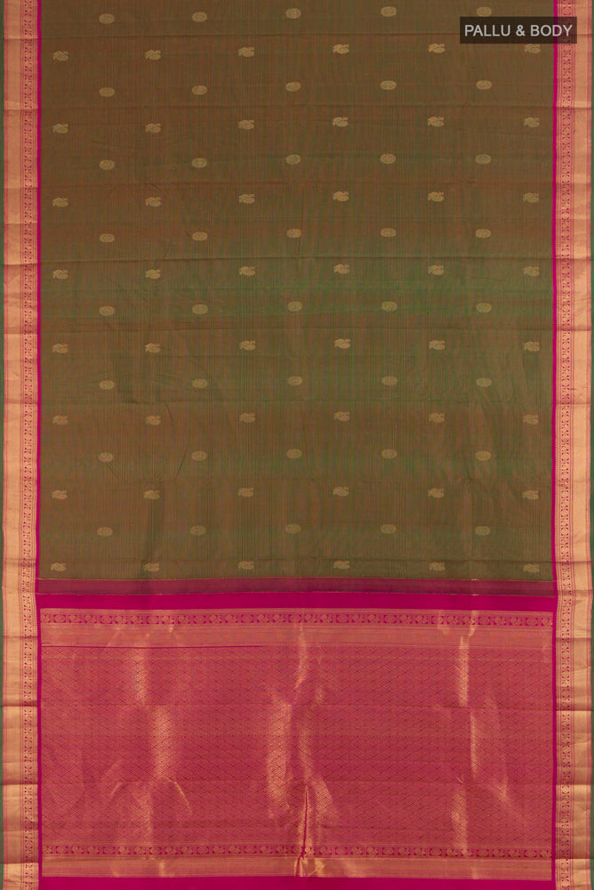 Flat view of Mehandi Green Kanchipuram Silk Saree with Zari Butta on the body and Silk Border. 