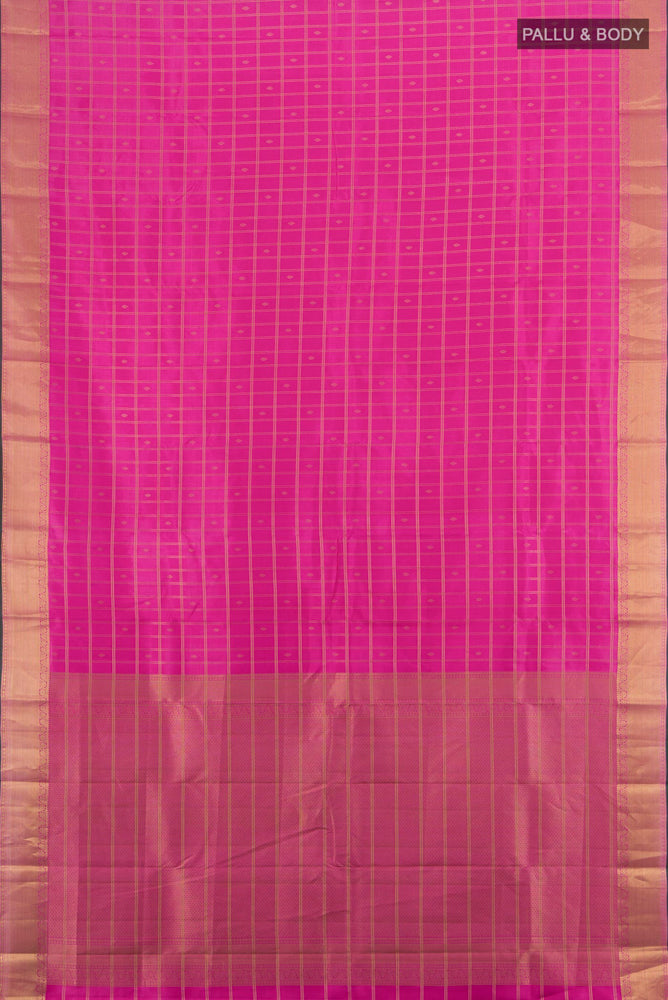 Flat view of Rose pink Kanchipuram Silk Saree with Zari Butta on the body and Silk Border. 