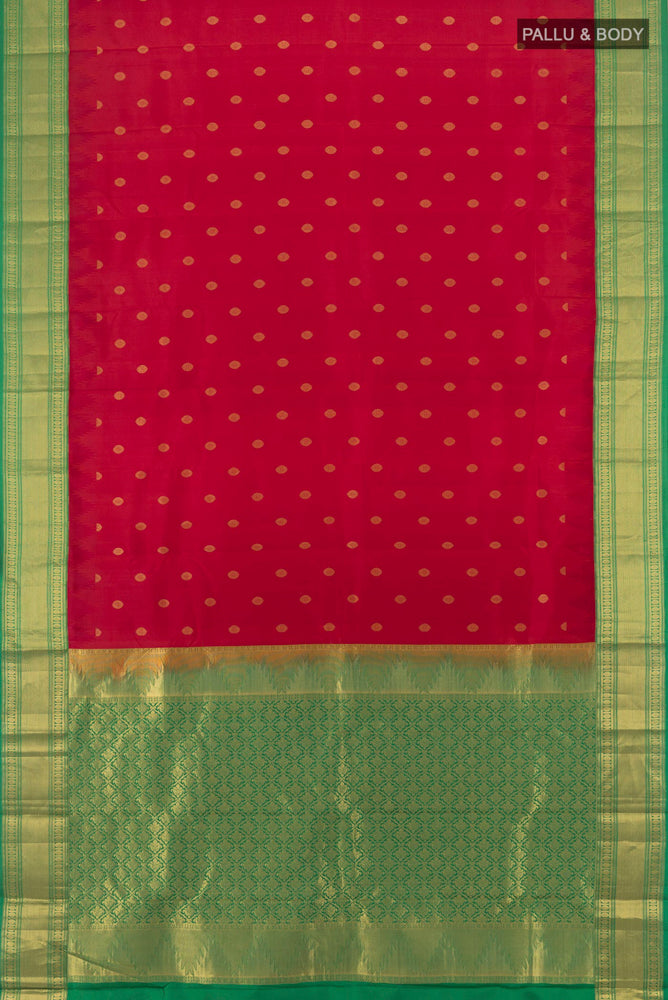 Flat view of Maroon Kanchipuram Silk Saree with Zari Butta on the body and Silk Border. 