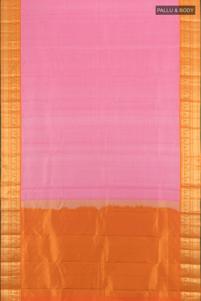 Flat view of Rose pink Kanchipuram Silk Saree with Zari Butta on the body and Silk Border. 