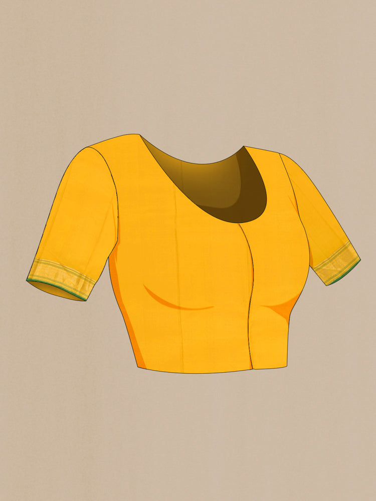 Close up image of the blouse of Yellow Kanchipuram Silk Saree with Zari Butta on the body and Silk Border. 