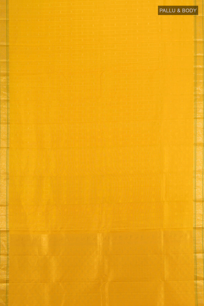 Flat view of Yellow Kanchipuram Silk Saree with Zari Butta on the body and Silk Border. 