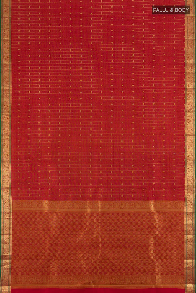 Flat view of Maroon Kanchipuram Silk Saree with Zari Butta on the body and Silk Border. 