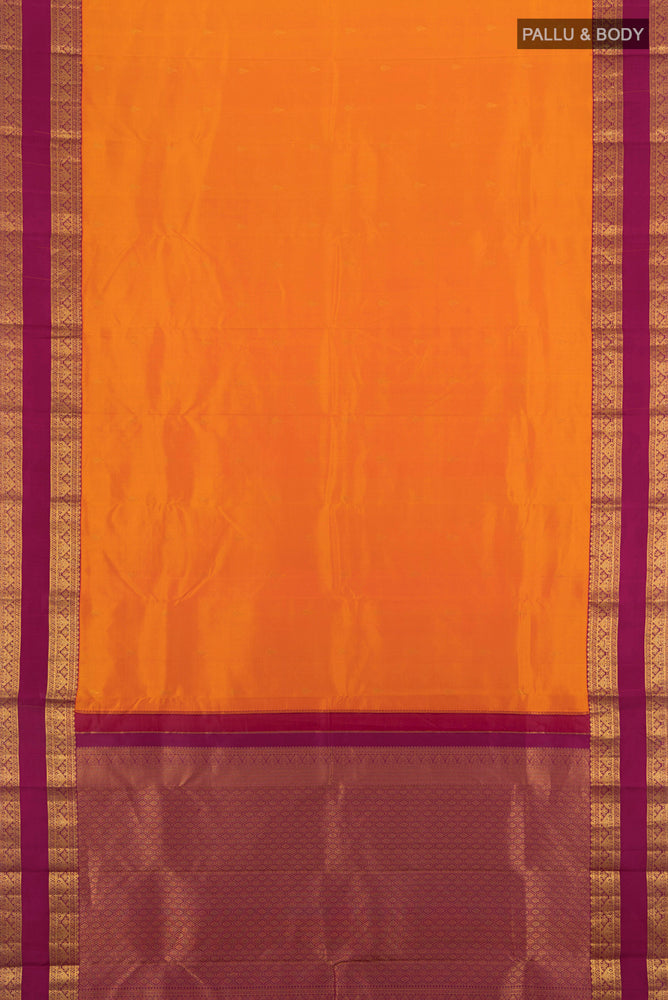 Flat view of Orange Kanchipuram Silk Saree with Zari Butta on the body and Silk Border. 