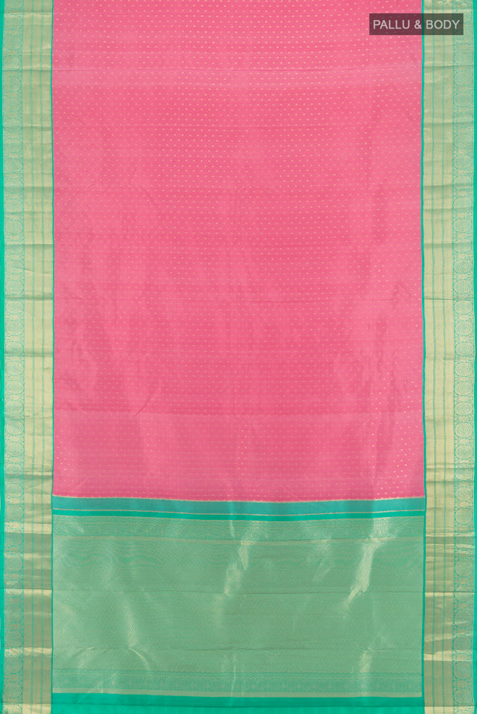 Flat view of Rose pink Kanchipuram Silk Saree with Zari Butta on the body and Silk Border. 
