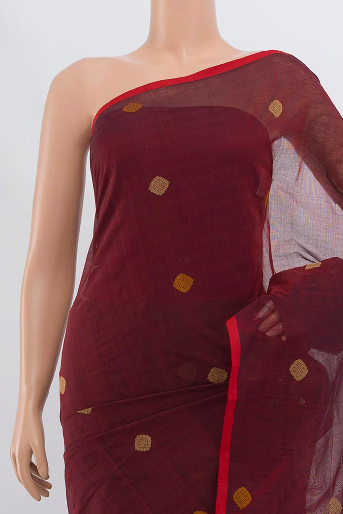 Border image of Maroon Coimbatore Cotton Saree with Thread Butta on the body and Thread Border. 