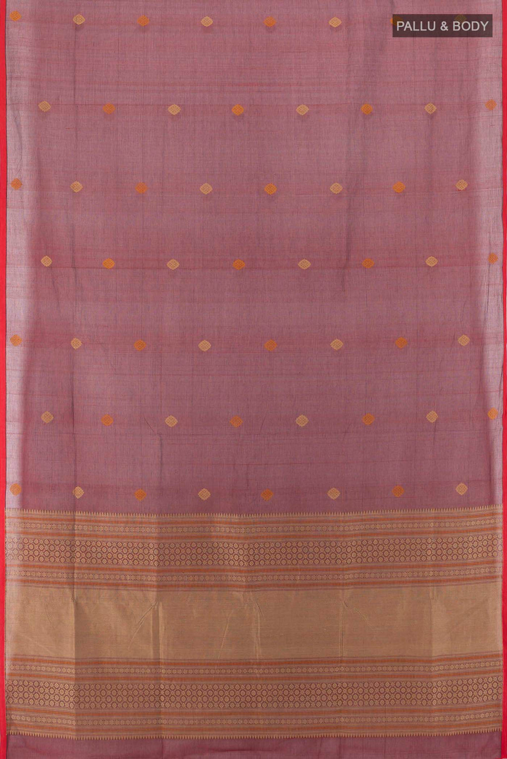 Flat view of Maroon Coimbatore Cotton Saree with Thread Butta on the body and Thread Border. 