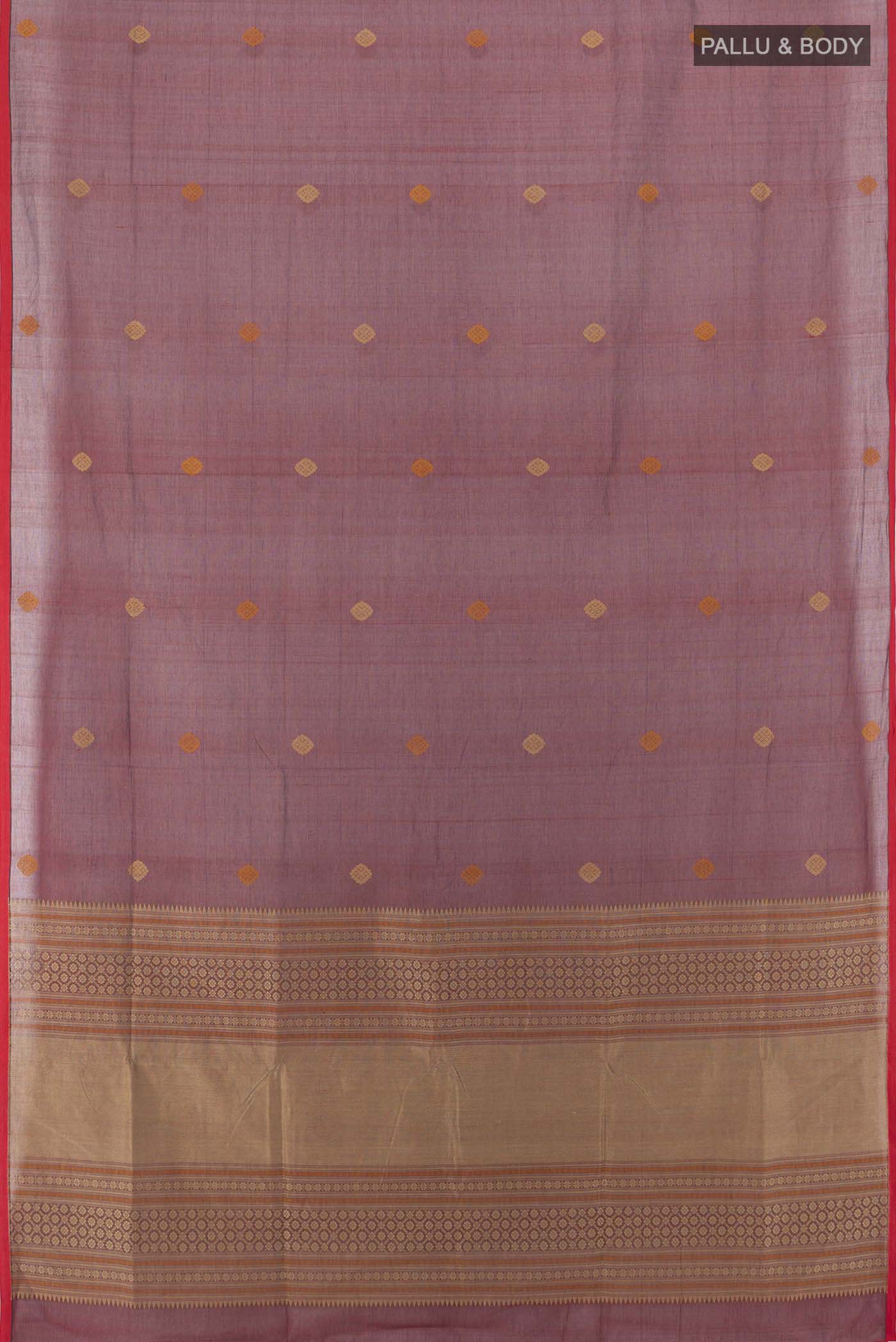 Flat view of Maroon Coimbatore Cotton Saree with Thread Butta on the body and Thread Border. 