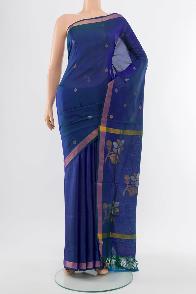 Dark Blue Uppada Silk Saree with Zari Butta on the body and Silk Border.  displayed on a mannequin
