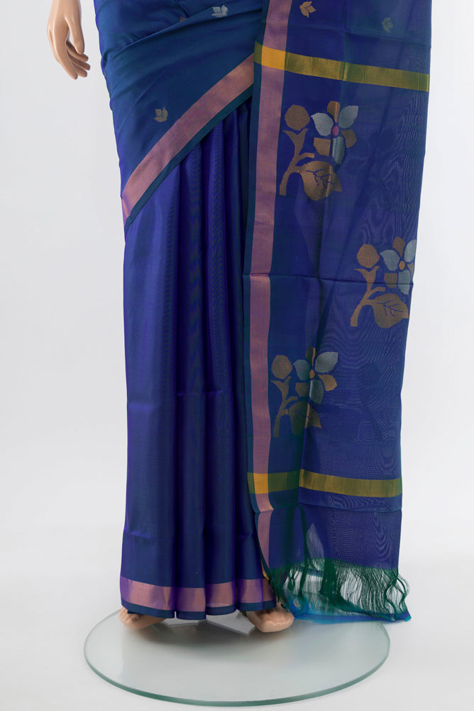 Pleats and pallu of Dark Blue Uppada Silk Saree with Zari Butta on the body and Silk Border. 