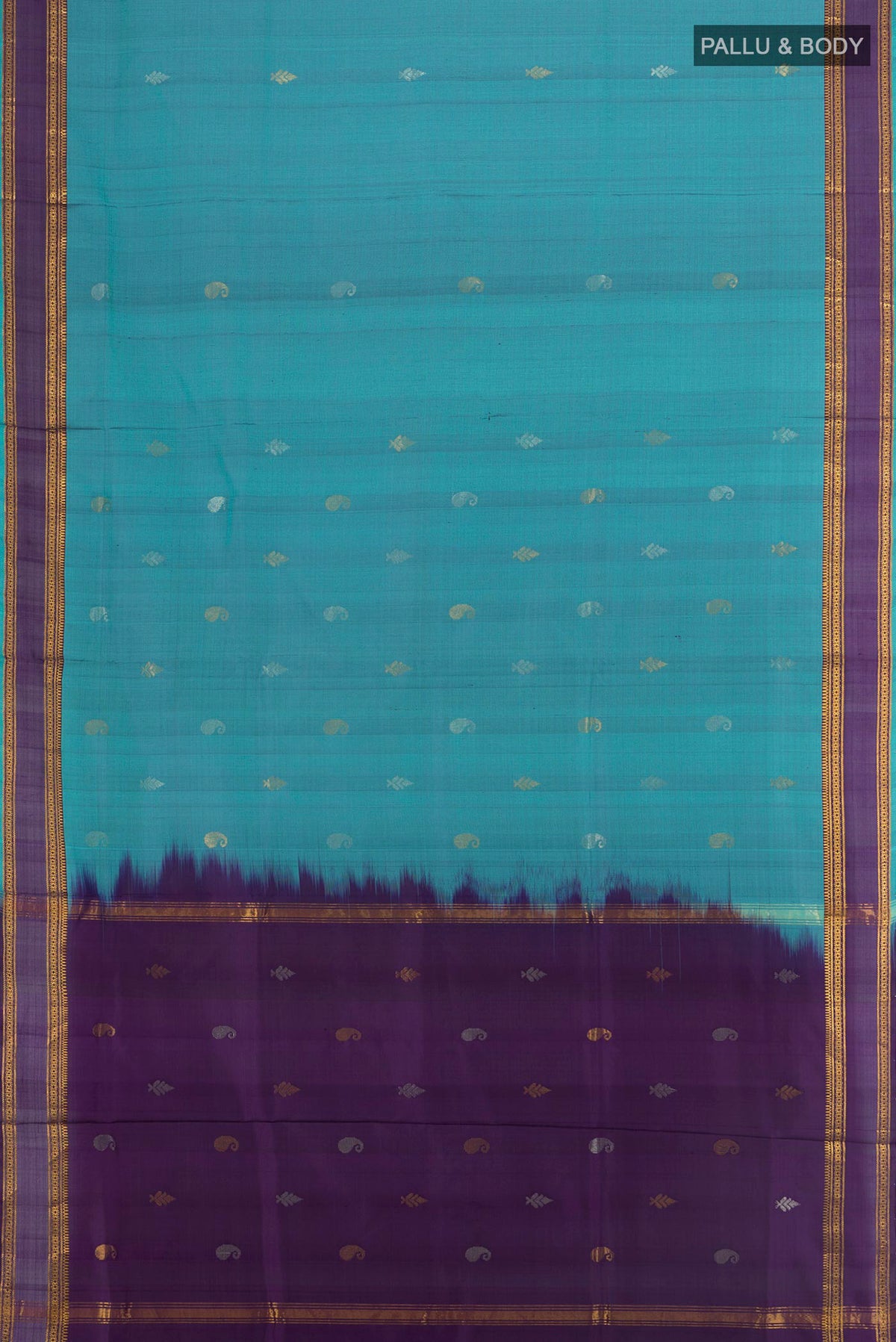 Flat view of Pure Silk Light Blue Uppada Saree with Zari Butta on the body and Zari Border. 