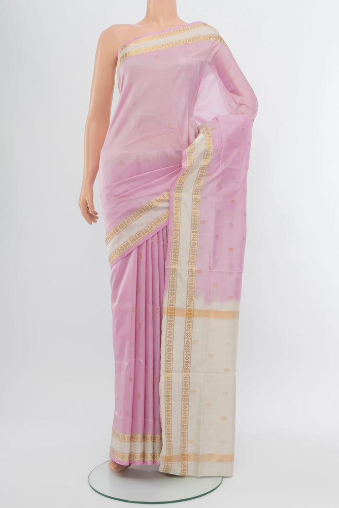 Rose pink Uppada Silk Saree with Zari Butta on the body and Zari Border.  displayed on a mannequin