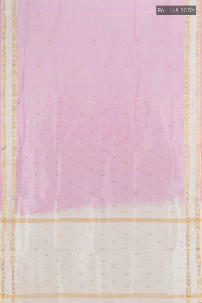 Flat view of Rose pink Uppada Silk Saree with Zari Butta on the body and Zari Border. 