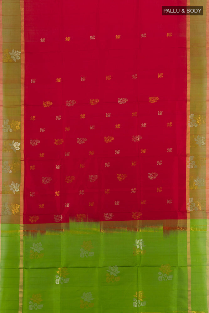 Flat view of Red Uppada Silk Saree with Zari Butta on the body and Silk Border. 