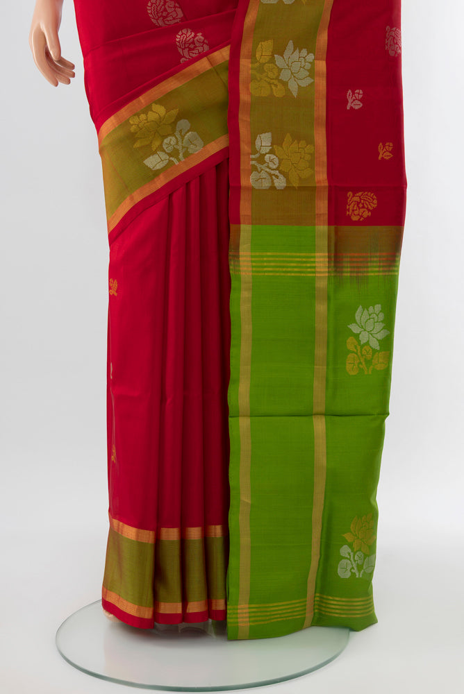 Pleats and pallu of Red Uppada Silk Saree with Zari Butta on the body and Silk Border. 