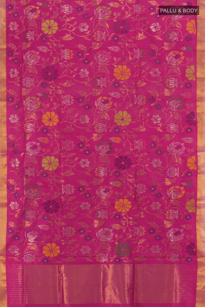 Flat view of Magenta Uppada Silk Saree with Zari Butta on the body and Silk Border. 