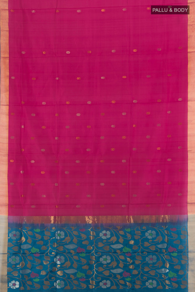 Flat view of Dark Pink Uppada Silk Saree with Zari Butta on the body and Silk Border. 