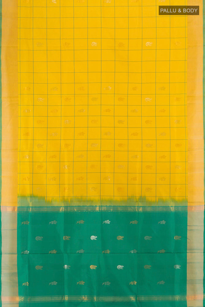 Flat view of Yellow Uppada Silk Saree with Zari Butta on the body and Zari Border. 