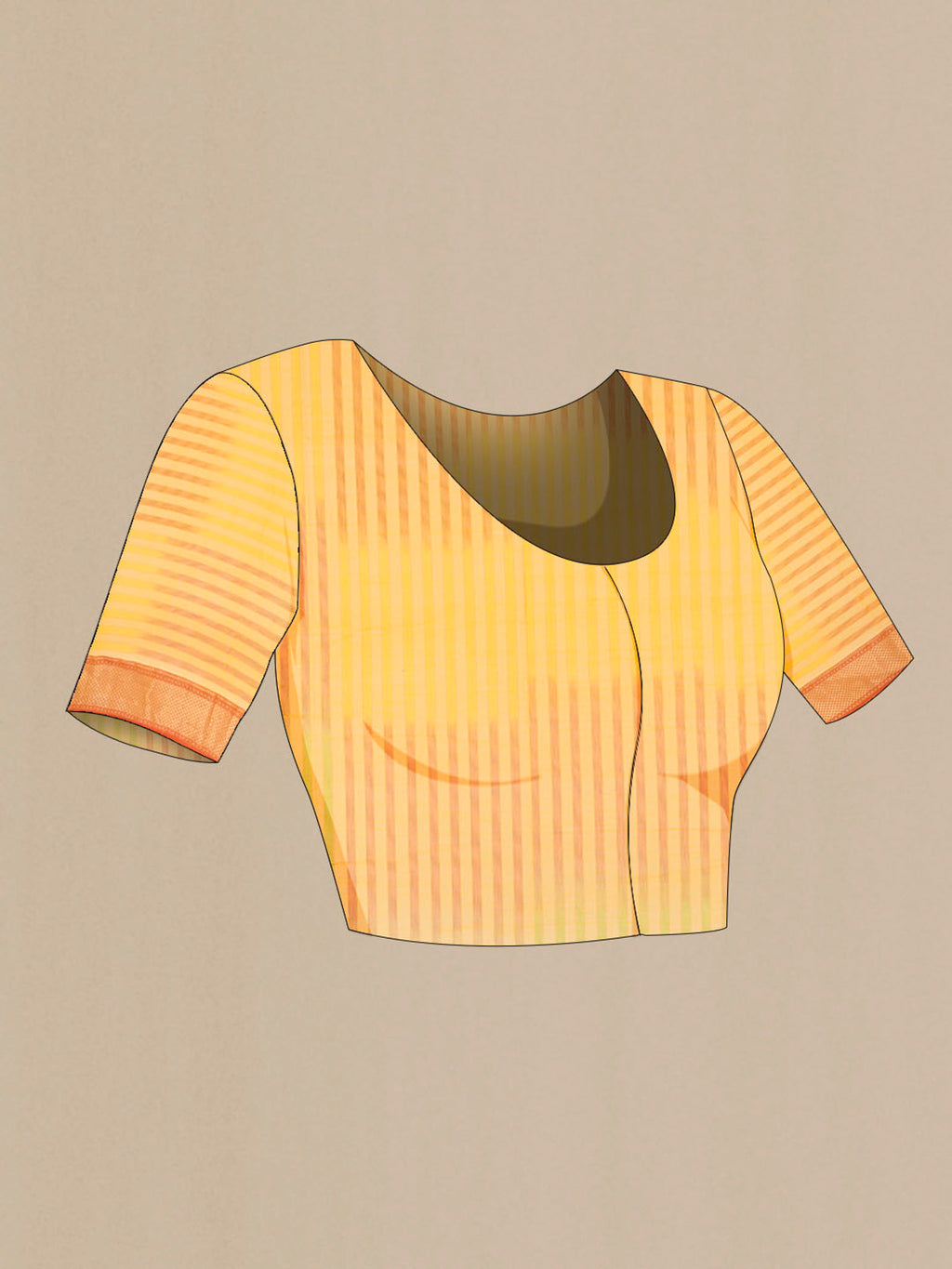 Close up image of the blouse of Yellow Maheshwari Silk Cotton Saree with Zari Butta on the body and Silk Border. 