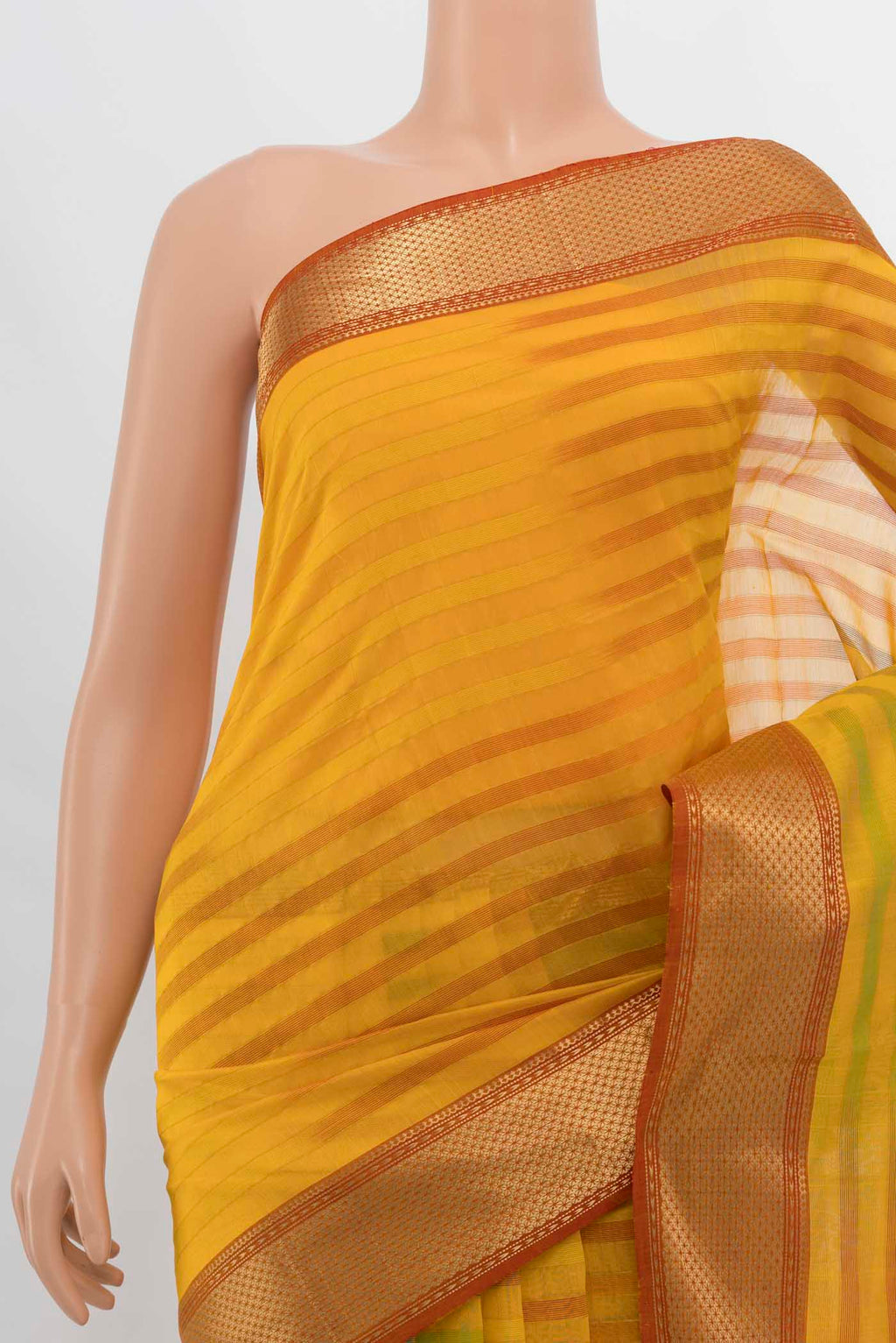 Border image of Yellow Maheshwari Silk Cotton Saree with Zari Butta on the body and Silk Border. 