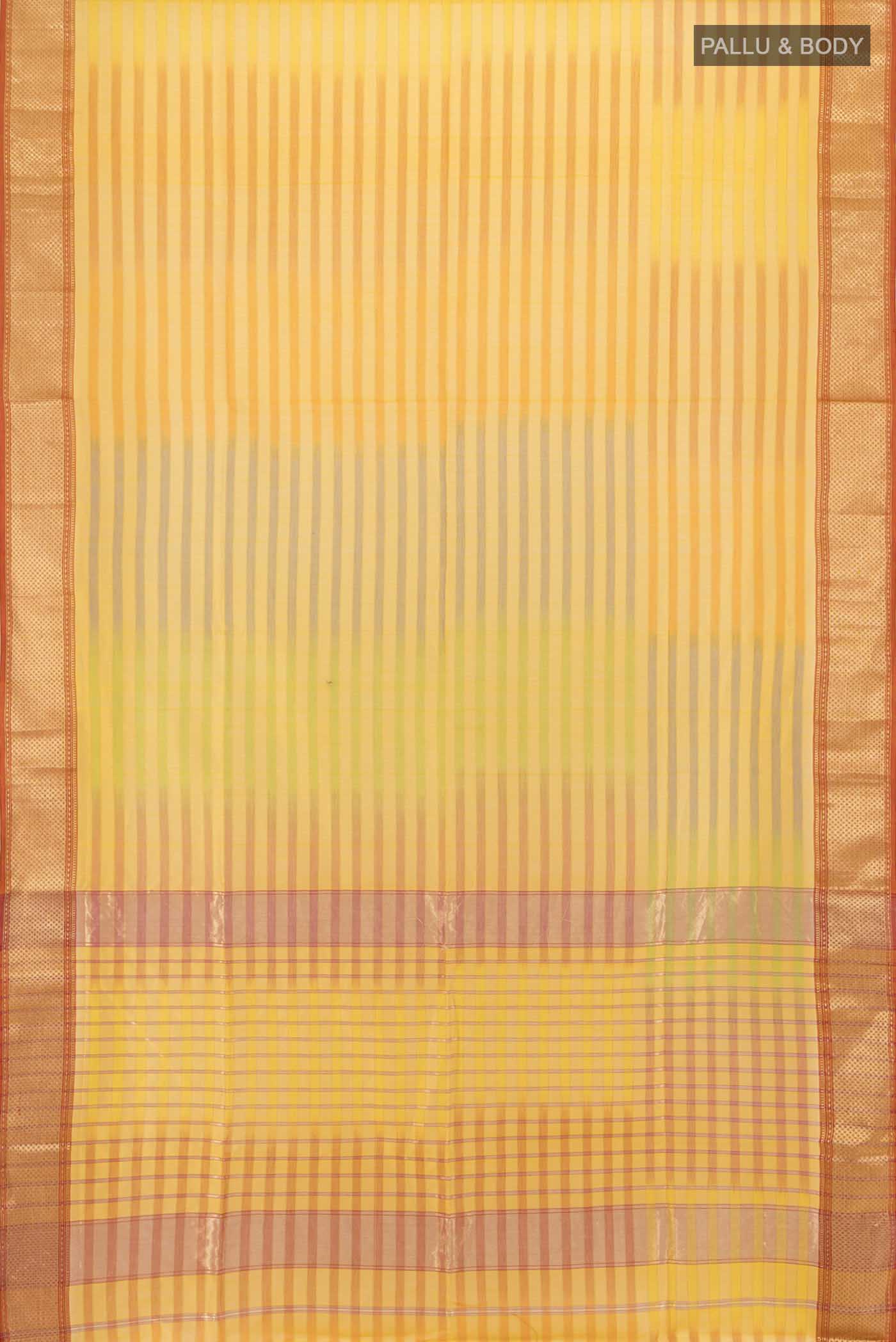 Flat view of Yellow Maheshwari Silk Cotton Saree with Zari Butta on the body and Silk Border. 