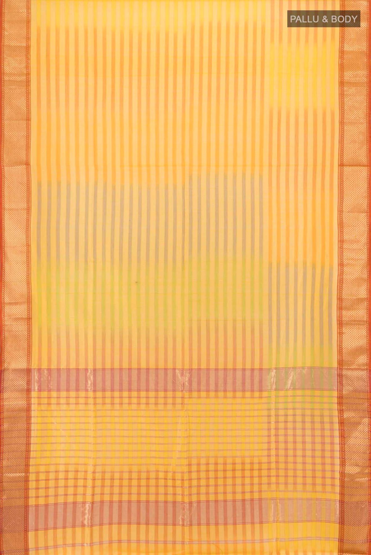 Flat view of Yellow Maheshwari Silk Cotton Saree with Zari Butta on the body and Silk Border. 