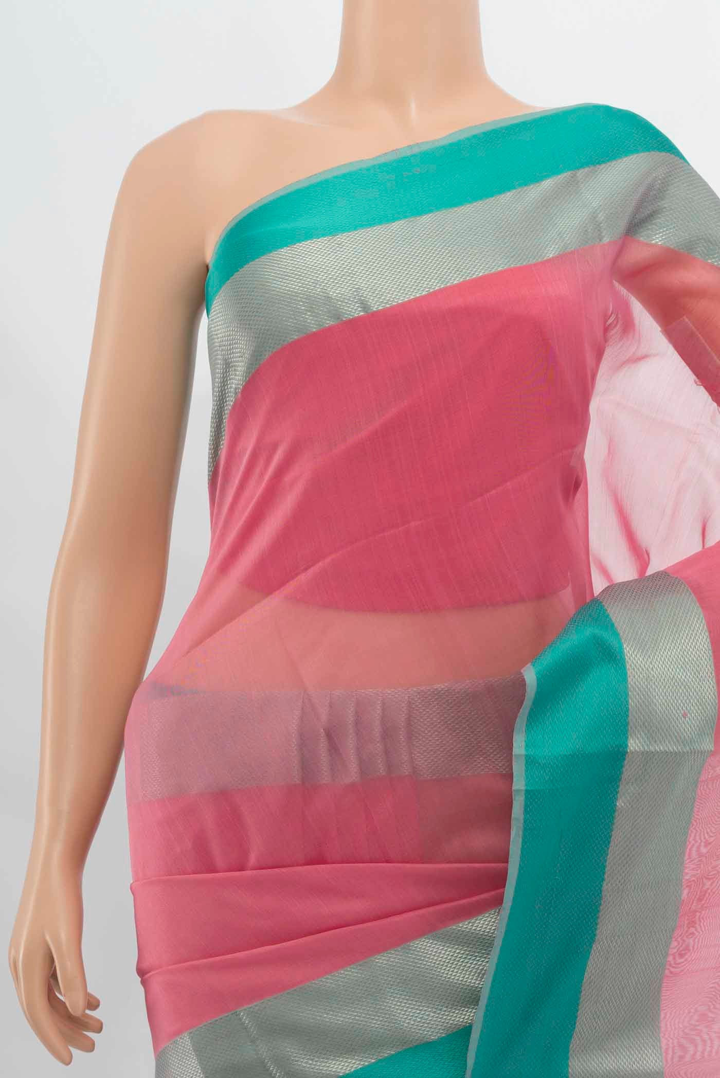 Border image of Rose pink Maheshwari Silk Cotton Saree with Plain Body and Satin Border. 