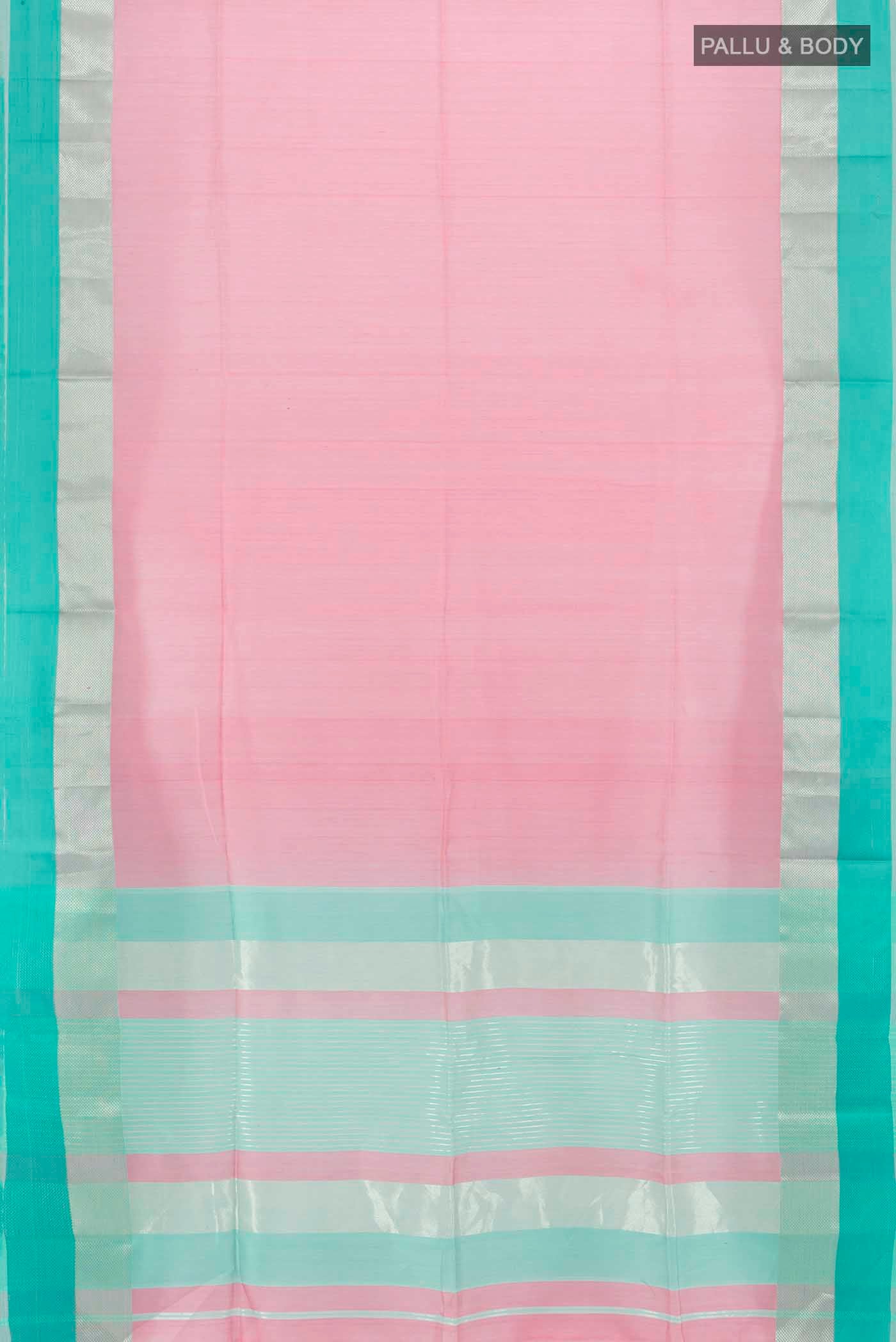 Flat view of Rose pink Maheshwari Silk Cotton Saree with Plain Body and Satin Border. 