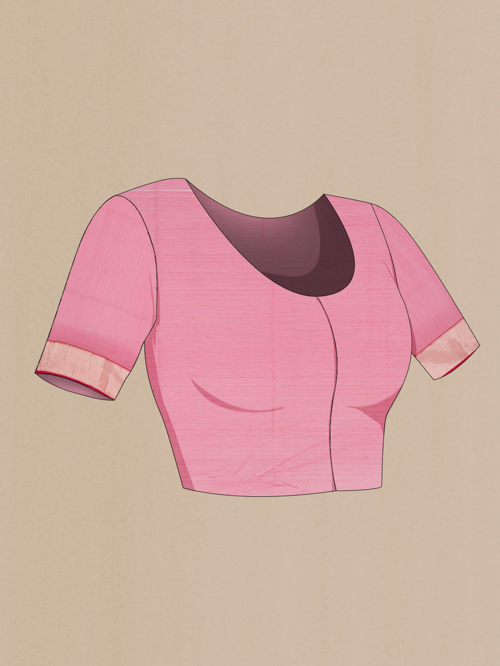 Close up image of the blouse of Rose pink Maheshwari Silk Cotton Saree with Plain Body and Silk Border. 