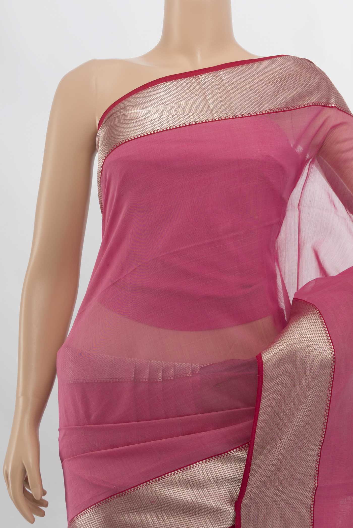 Border image of Rose pink Maheshwari Silk Cotton Saree with Plain Body and Silk Border. 